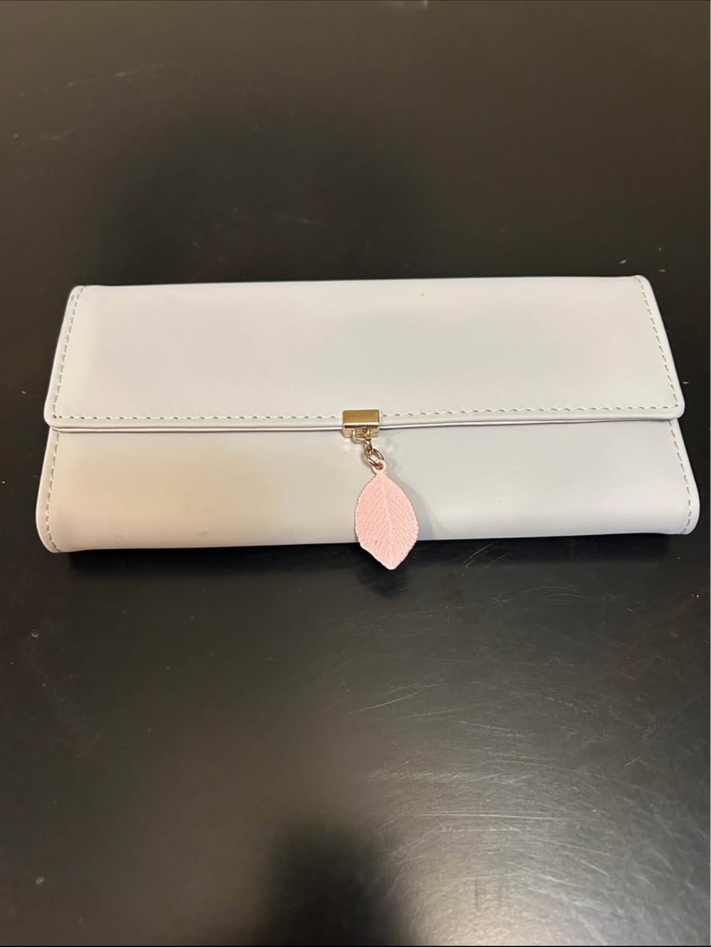 Women's light gray Clutch Wallet with Pink Leaf Charm
